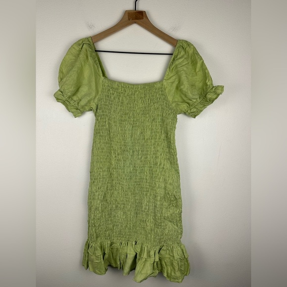 Faithful the Brand Cette Linen Lime Green Smocked Ruffled Mini Dress Sz L - Picture 8 of 8